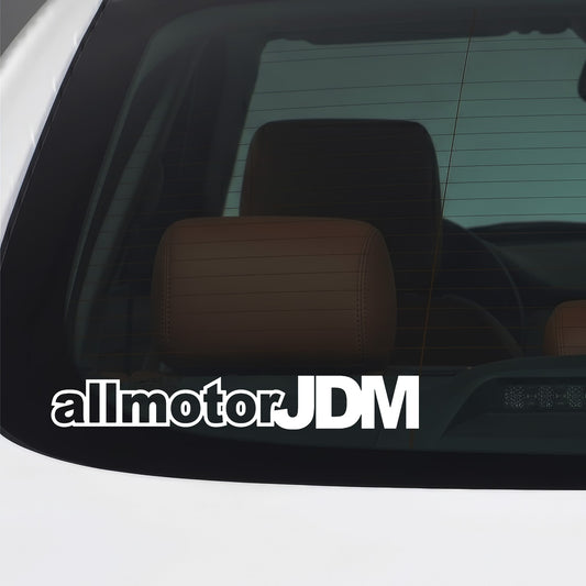White All Motor JDM car window sticker applied to a car window.