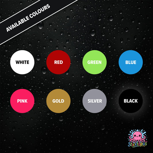 Colour swatches for 8 colours, white, red, green, blue, pink, gold, silver, black, on a black background with 'Sticktopus' logo.