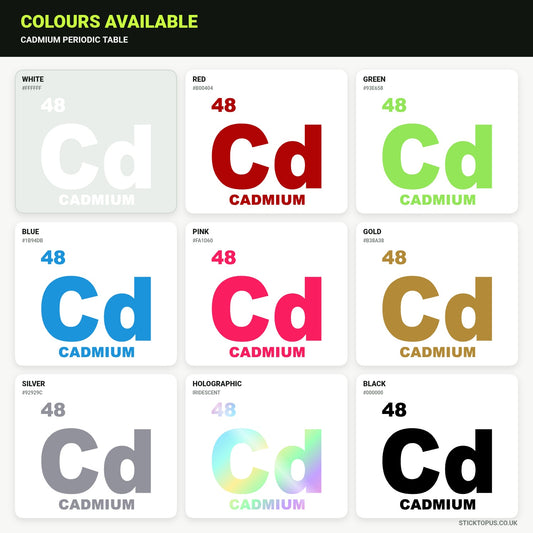 Vinyl colour options for Cadmium Periodic Table vinyl sticker
