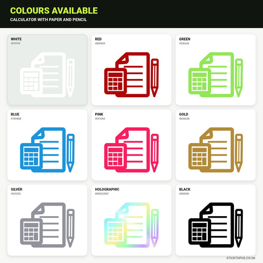 Vinyl colour options for a calculator, paper and pencil vinyl sticker