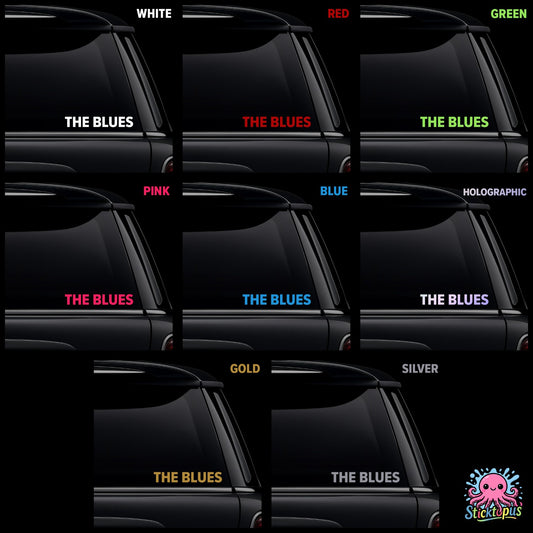 Collection of 'The Blues' car window decals in various colors.