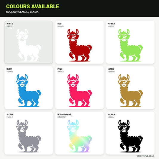 Vinyl colour options for a cool llama wearing oversized sunglasses vinyl sticker