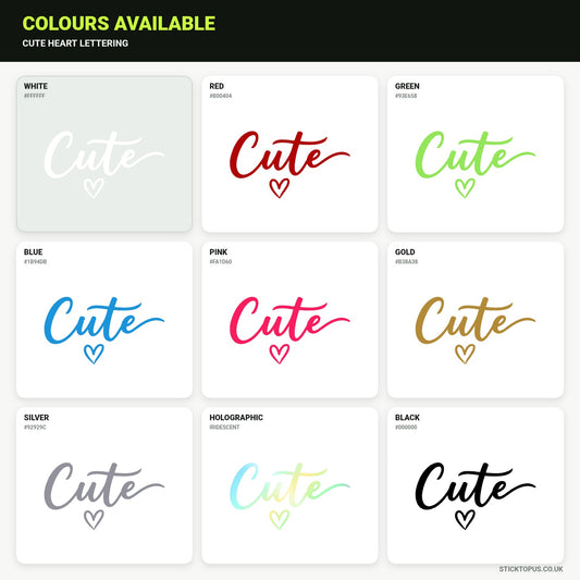 Vinyl colour options for Cute heart lettering vinyl sticker