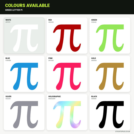 Vinyl colour options for Greek letter pi vinyl sticker