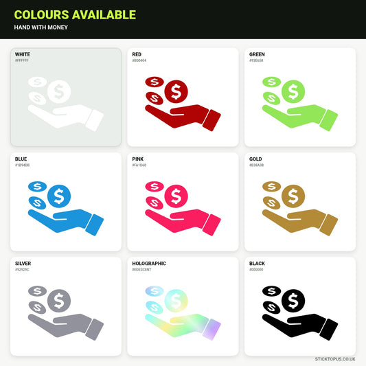 Vinyl colour options for an open palm beneath floating coins vinyl sticker