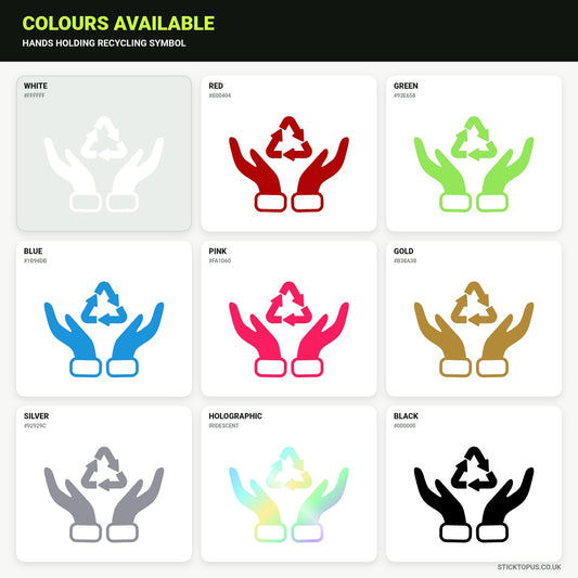 Vinyl colour options for hands holding a recycling symbol vinyl sticker