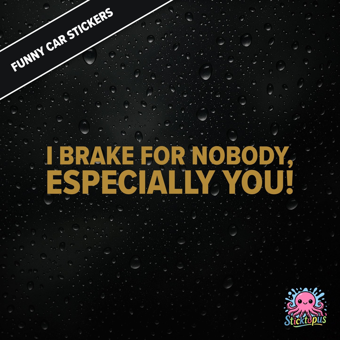 I Brake For Nobody, Especially You! — aggressive braking sticker in gold text, rude and bold.
