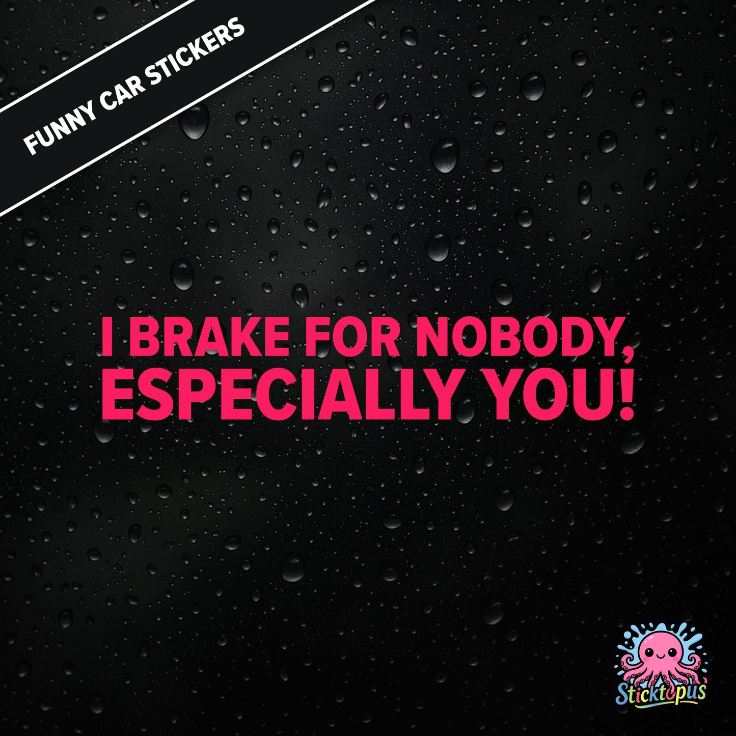 I Brake For Nobody, Especially You! — aggressive braking sticker in pink text, rude and bold.
