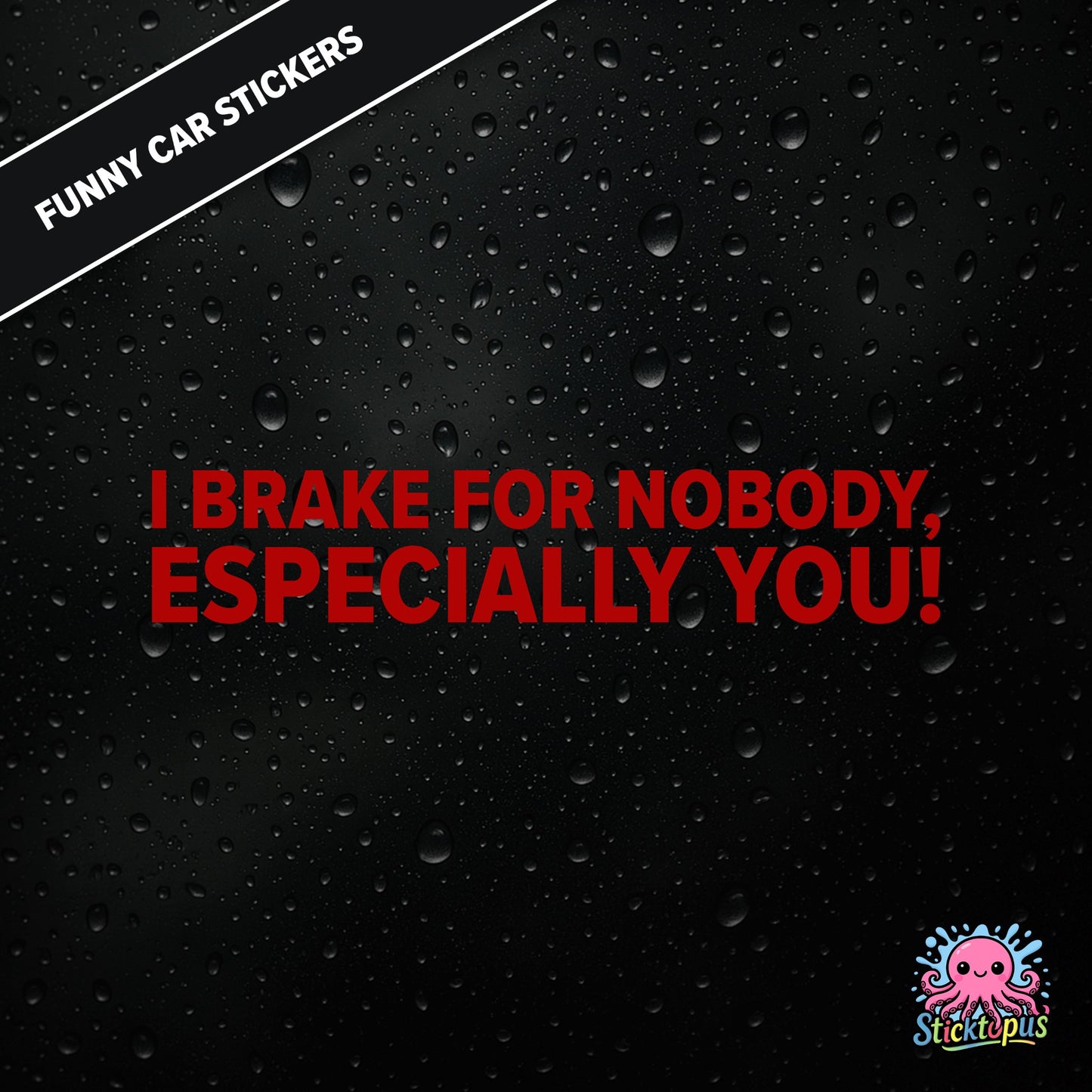 I Brake For Nobody, Especially You! — aggressive braking sticker in red text, rude and bold.