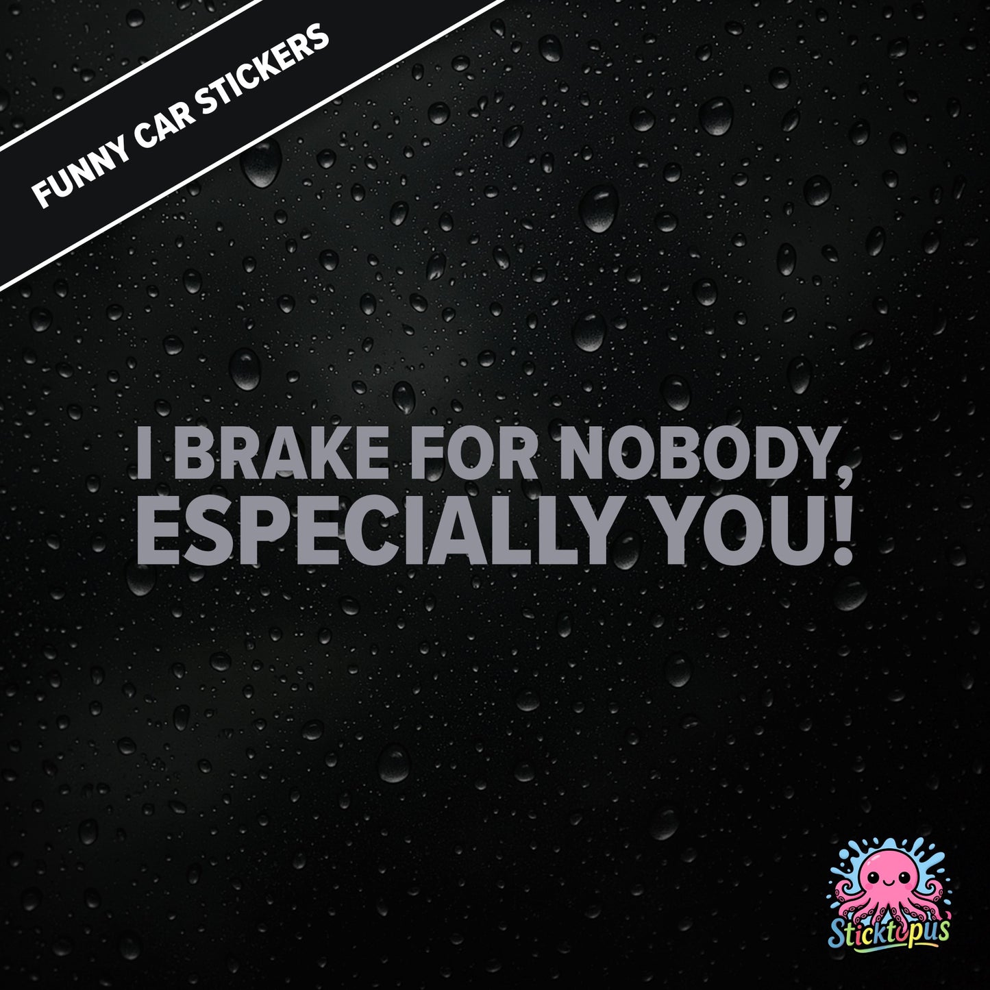 I Brake For Nobody, Especially You! — aggressive braking sticker in silver text, rude and bold.