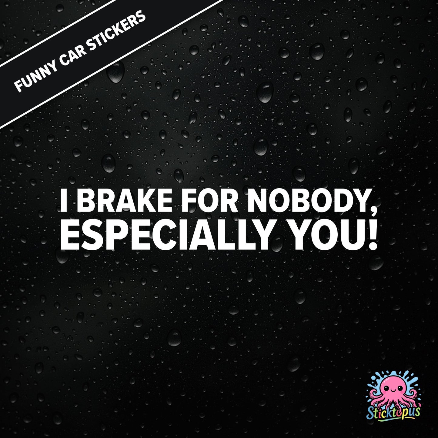 I Brake For Nobody, Especially You! — aggressive braking sticker in white text, rude and bold.