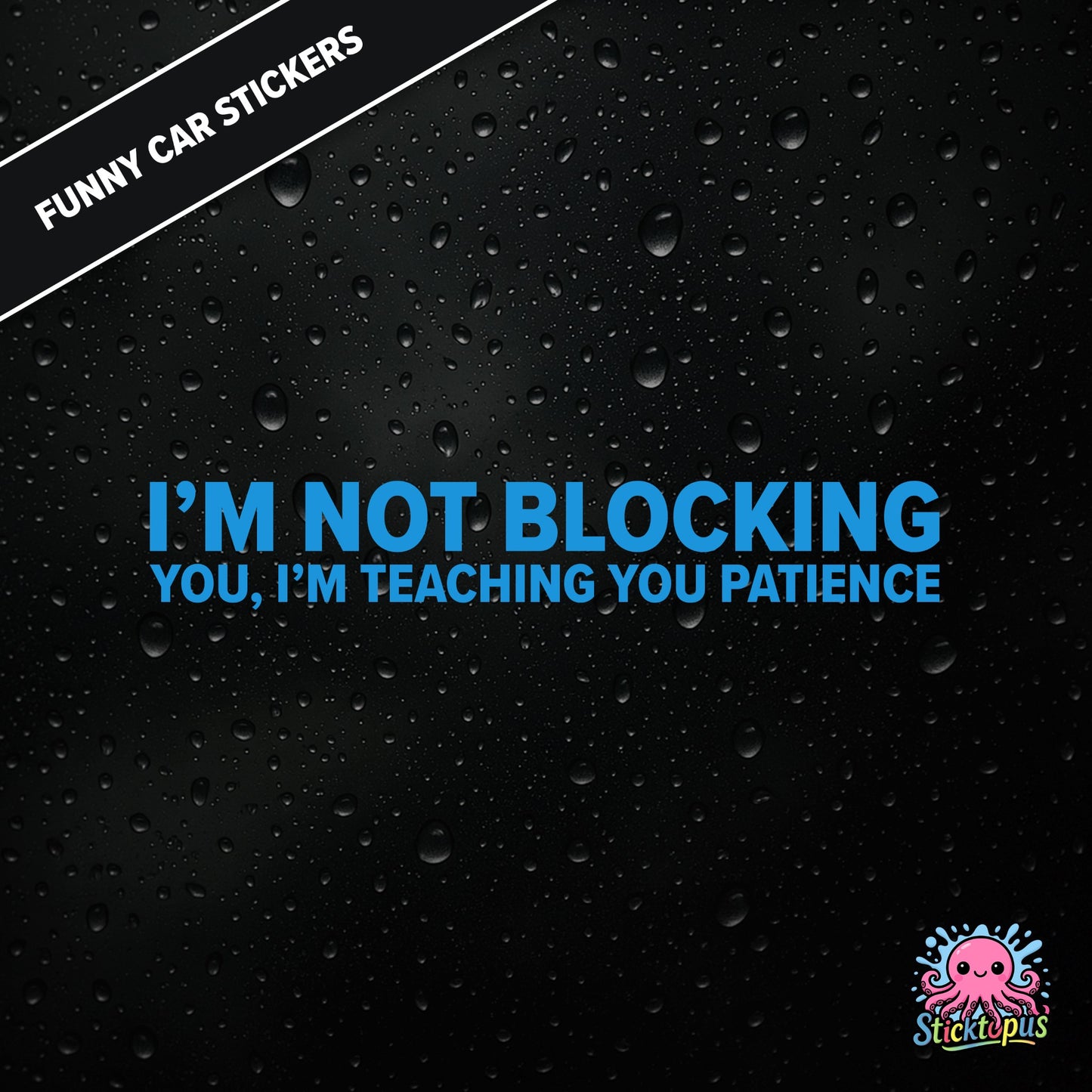 I’m Not Blocking You, I’m Teaching You Patience — dry blocking sticker in blue text, surreal life lesson.