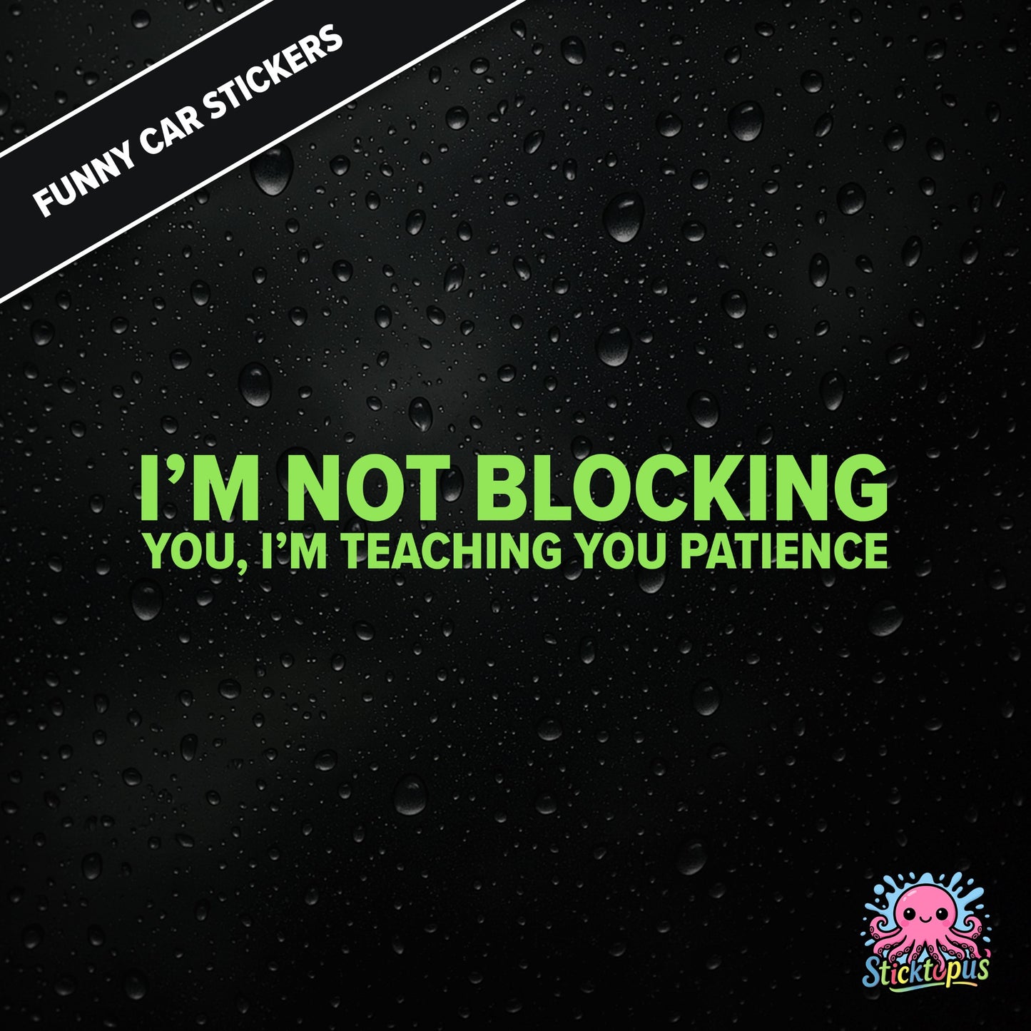 I’m Not Blocking You, I’m Teaching You Patience — dry blocking sticker in green text, surreal life lesson.