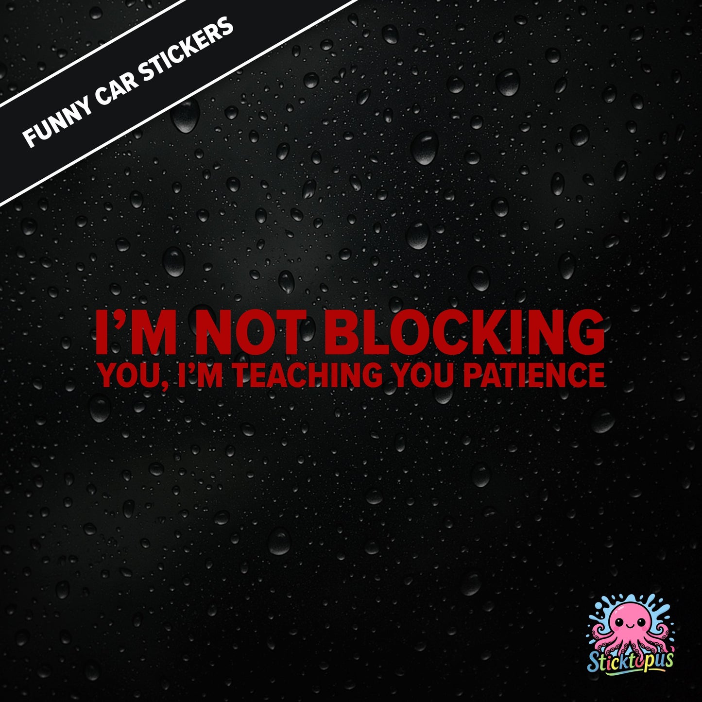 I’m Not Blocking You, I’m Teaching You Patience — dry blocking sticker in red text, surreal life lesson.