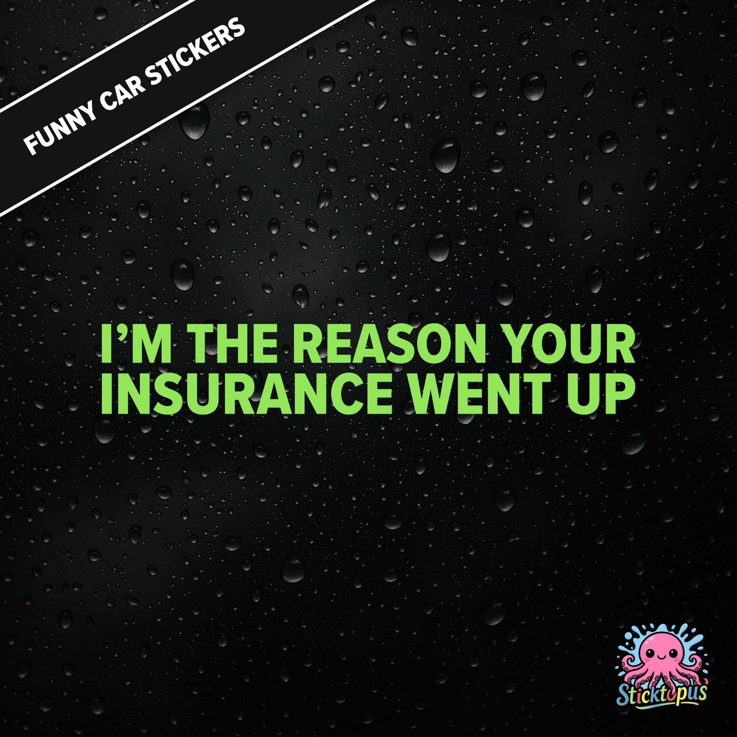 I’m The Reason Your Insurance Went Up — self-aware insurance sticker in green text, dry and cheeky.