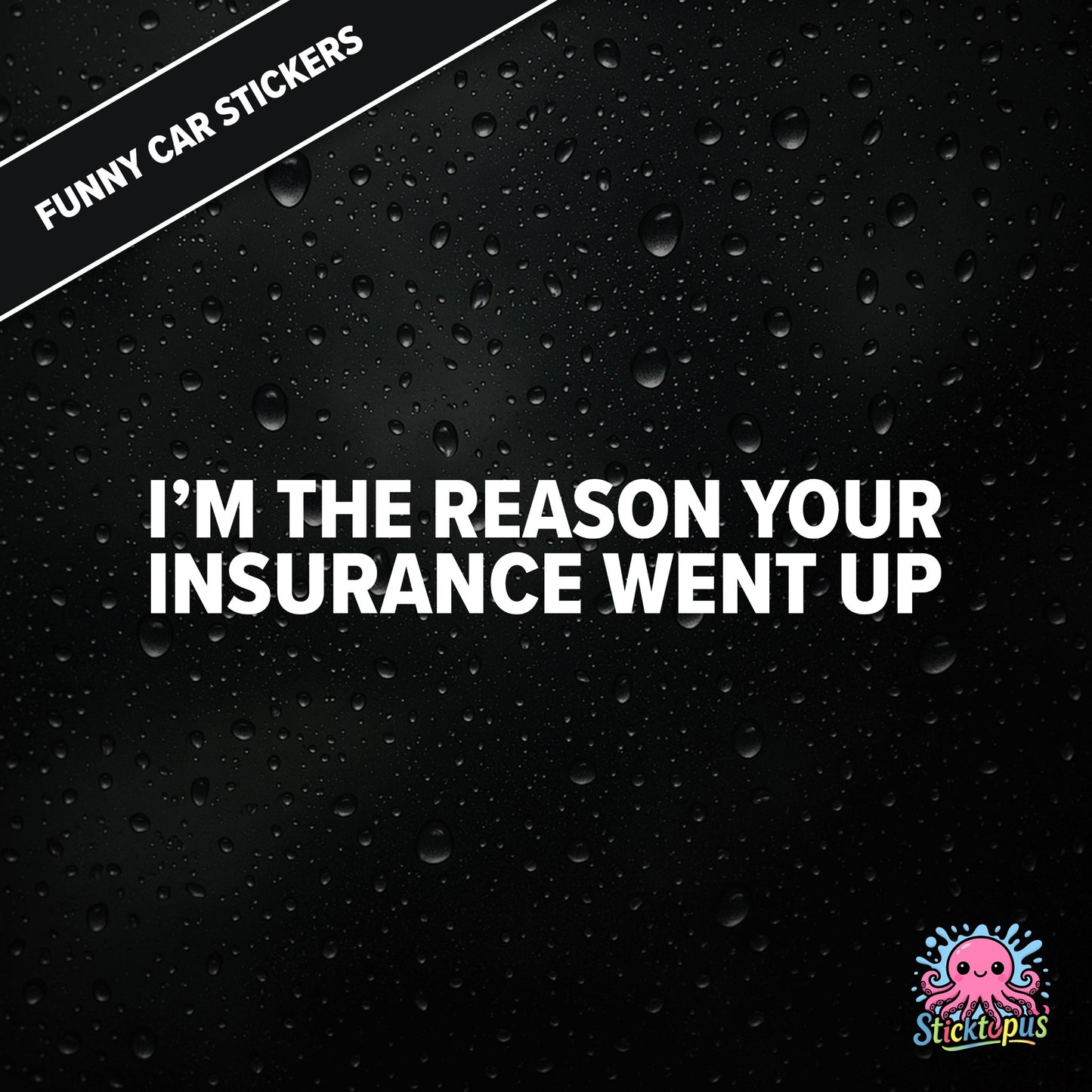 I’m The Reason Your Insurance Went Up — self-aware insurance sticker in white text, dry and cheeky.