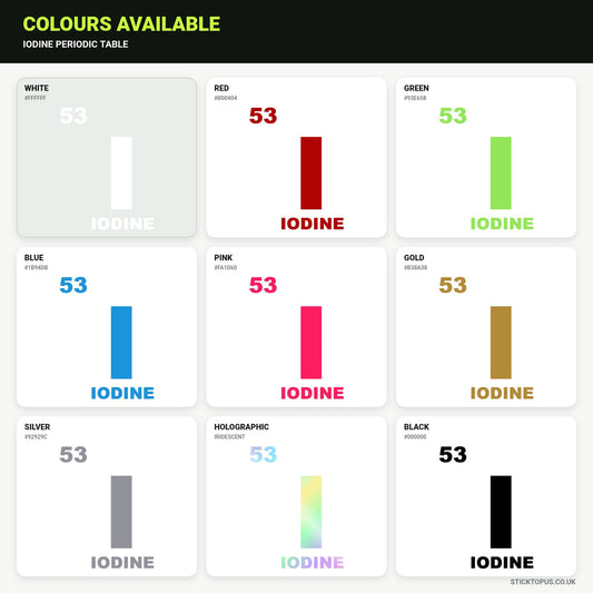 Vinyl colour options for atomic number 53, the symbol I and the word IODINE vinyl sticker