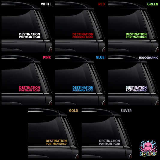 Car window with 'Portman Road' destination sticker in various colors and Sticktopus logo.