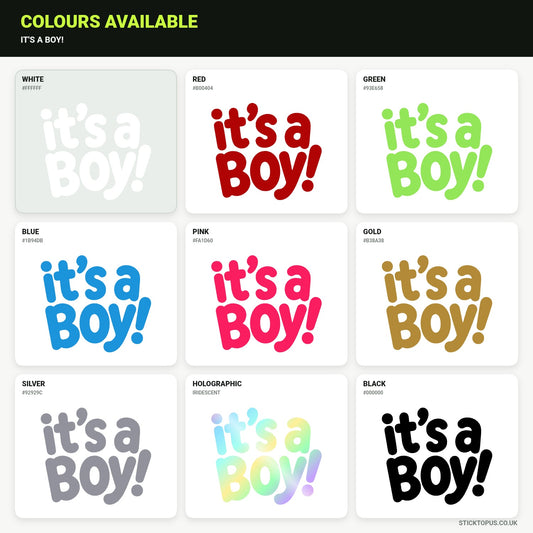 Vinyl colour options for It's a Boy! vinyl sticker