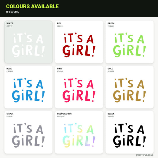 Vinyl colour options for It’s a Girl! vinyl sticker
