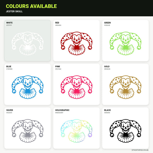 Vinyl colour options for a grinning skull beneath a spotted, starry jester hat and scalloped ruff vinyl sticker