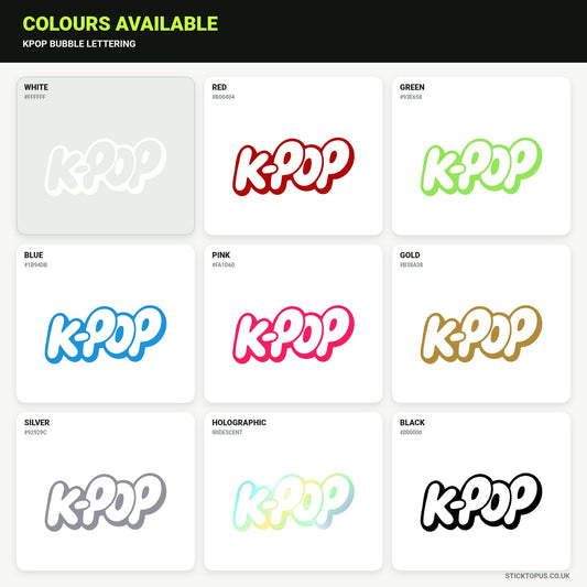 Vinyl colour options for KPOP bubble lettering vinyl sticker