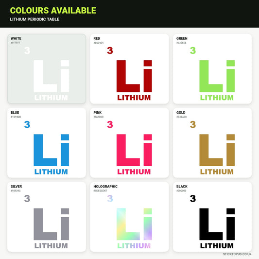 Vinyl colour options for Lithium Periodic Table vinyl sticker