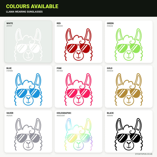 Vinyl colour options for Llama Wearing Sunglasses vinyl sticker
