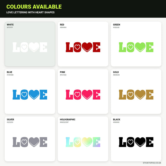 Vinyl colour options for LOVE lettering vinyl sticker