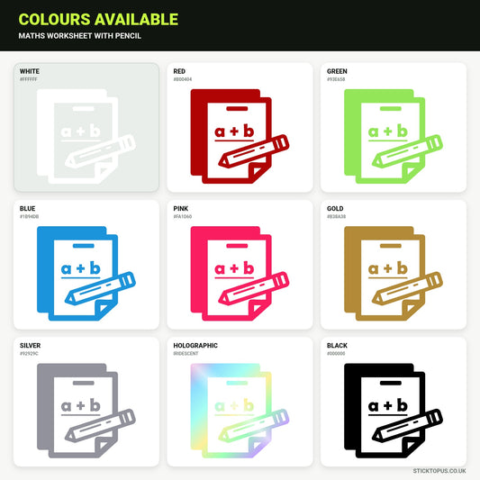 Vinyl colour options for Maths Worksheet with Pencil vinyl sticker
