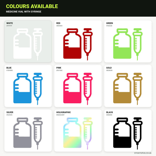 Vinyl colour options for a medicine vial and syringe vinyl sticker