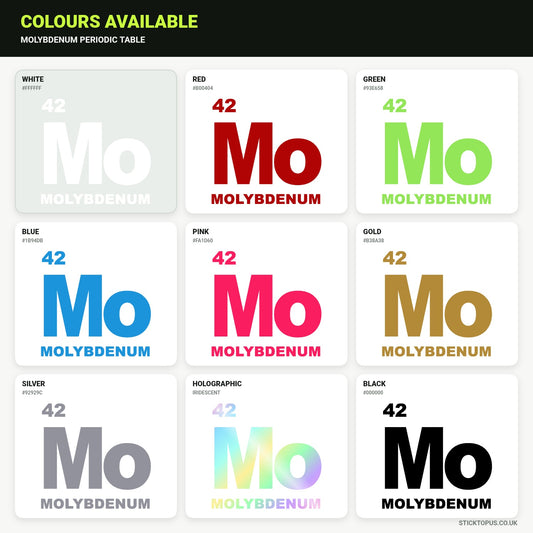 Vinyl colour options for the Molybdenum periodic table tile vinyl sticker