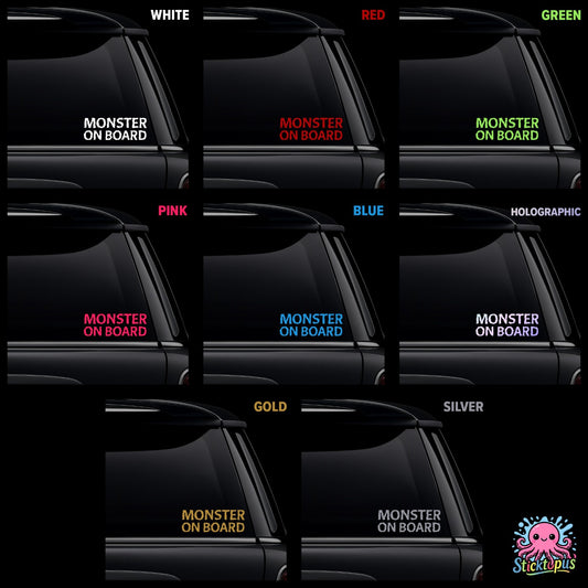 Collection of 'Monster on Board' car decals in various colors with Octopus Plus logo.