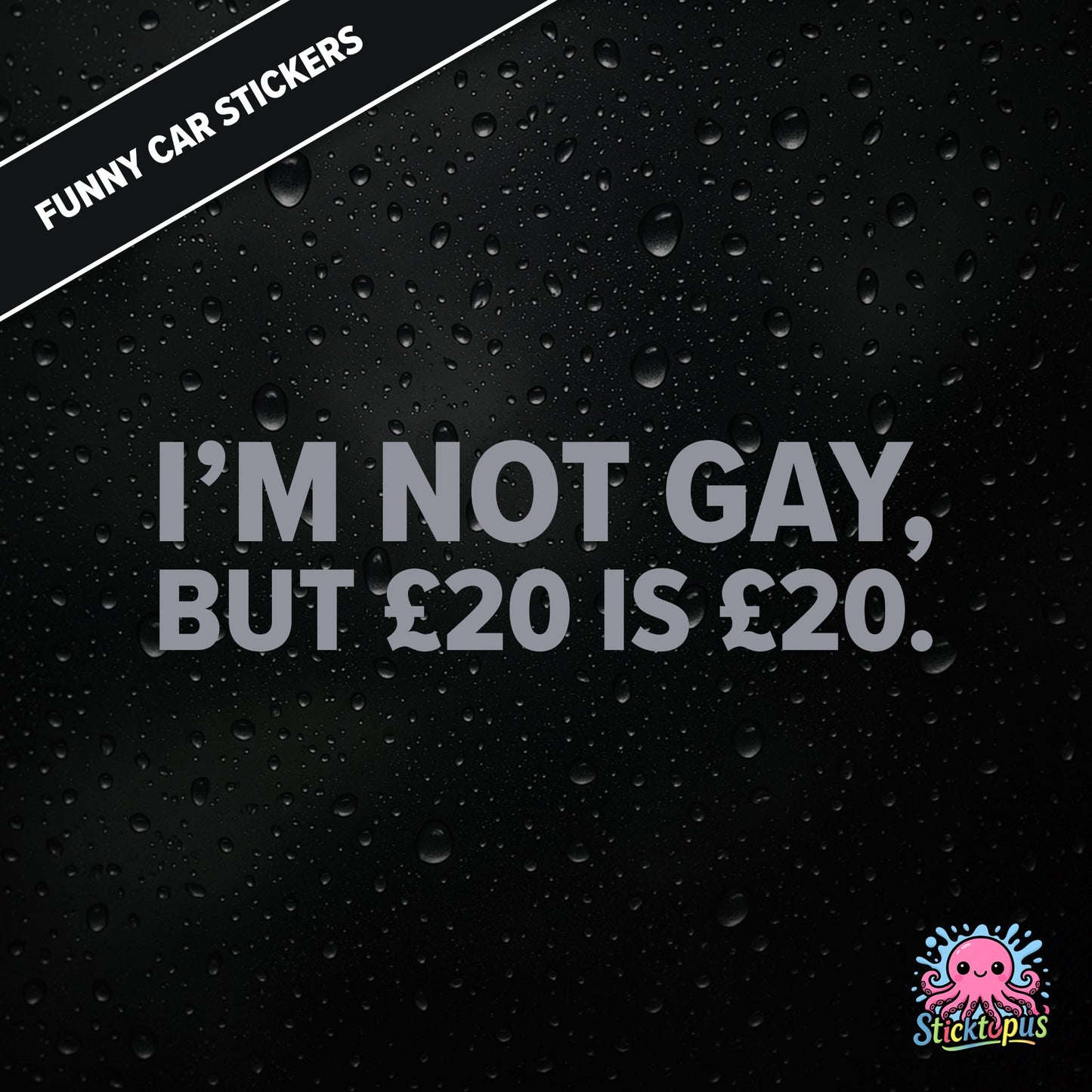 I’m Not Gay, But £20 Is £20 — cheeky £20 joke sticker in silver text, rude and controversial.
