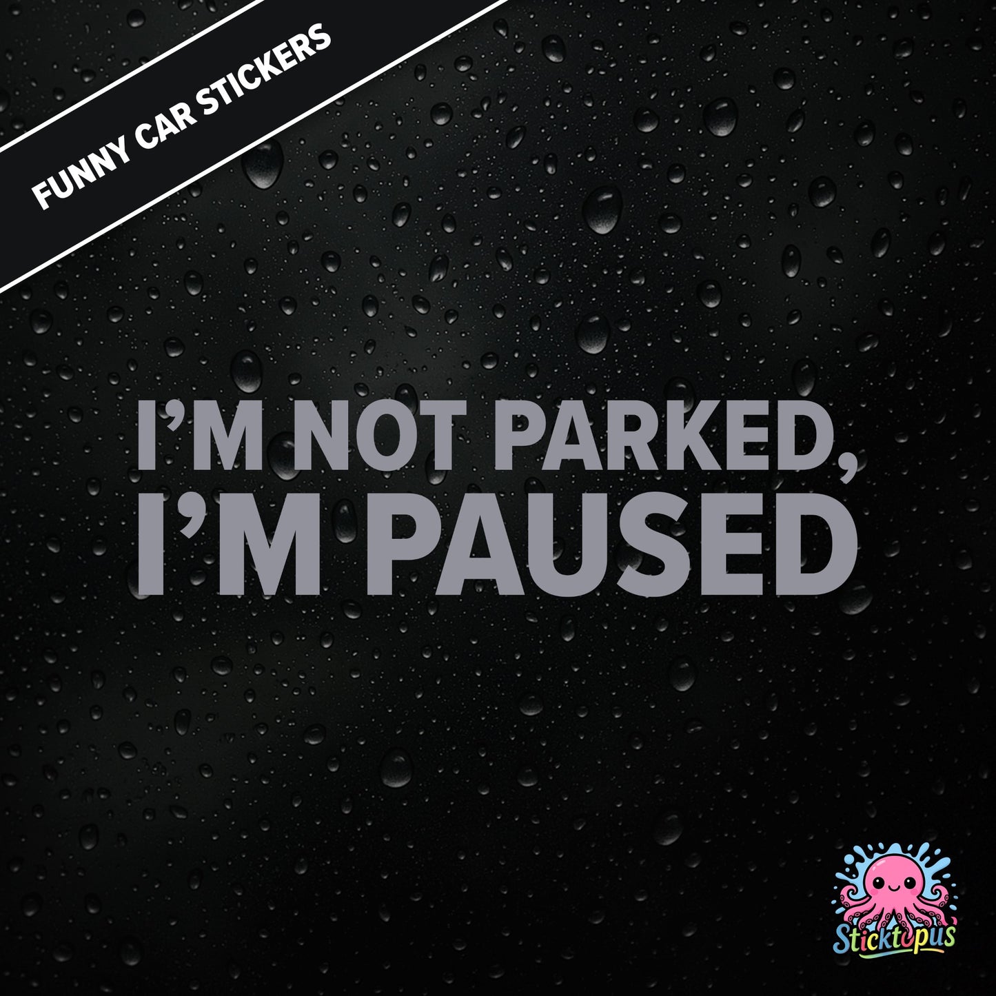 I’m Not Parked, I’m Paused — sarcastic parking sticker in bold silver text, passive-aggressive roadside humour.