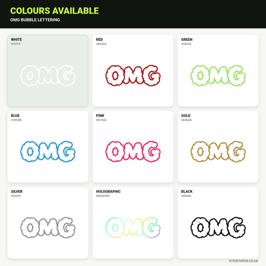 Vinyl colour options for OMG bubble lettering sticker
