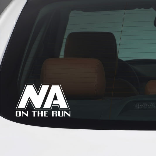 White On The Run vinyl sticker applied to a car window.