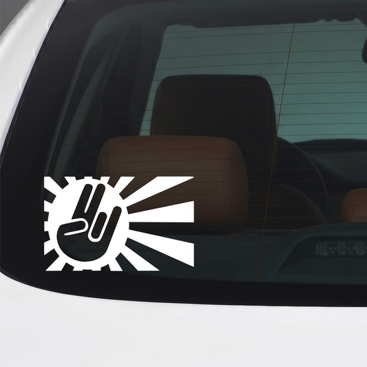 White peace sign hand gesture with a Japanese Rising Sun flag pattern inside, applied as a vinyl sticker to a car window.