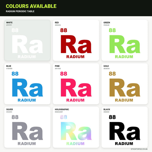 Vinyl colour options for Radium Periodic Table vinyl sticker
