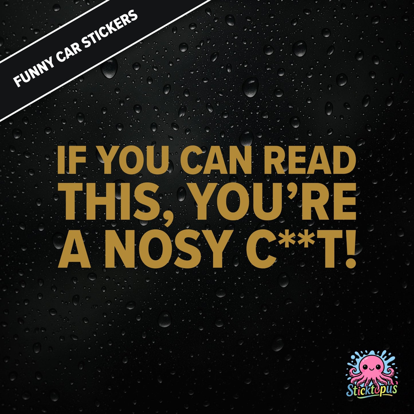 If You Can Read This, You’re A Nosy C**T — aggressive nosy C**T sticker in gold text, censored insult.