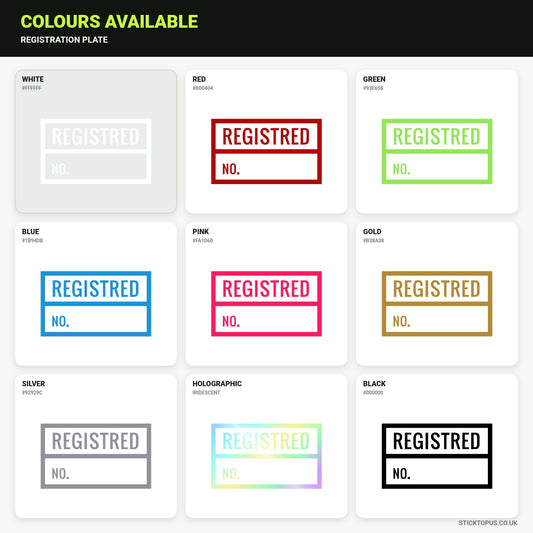 Vinyl colour options for Registration Plate vinyl sticker