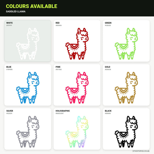 Vinyl colour options for a friendly saddled llama illustration vinyl sticker