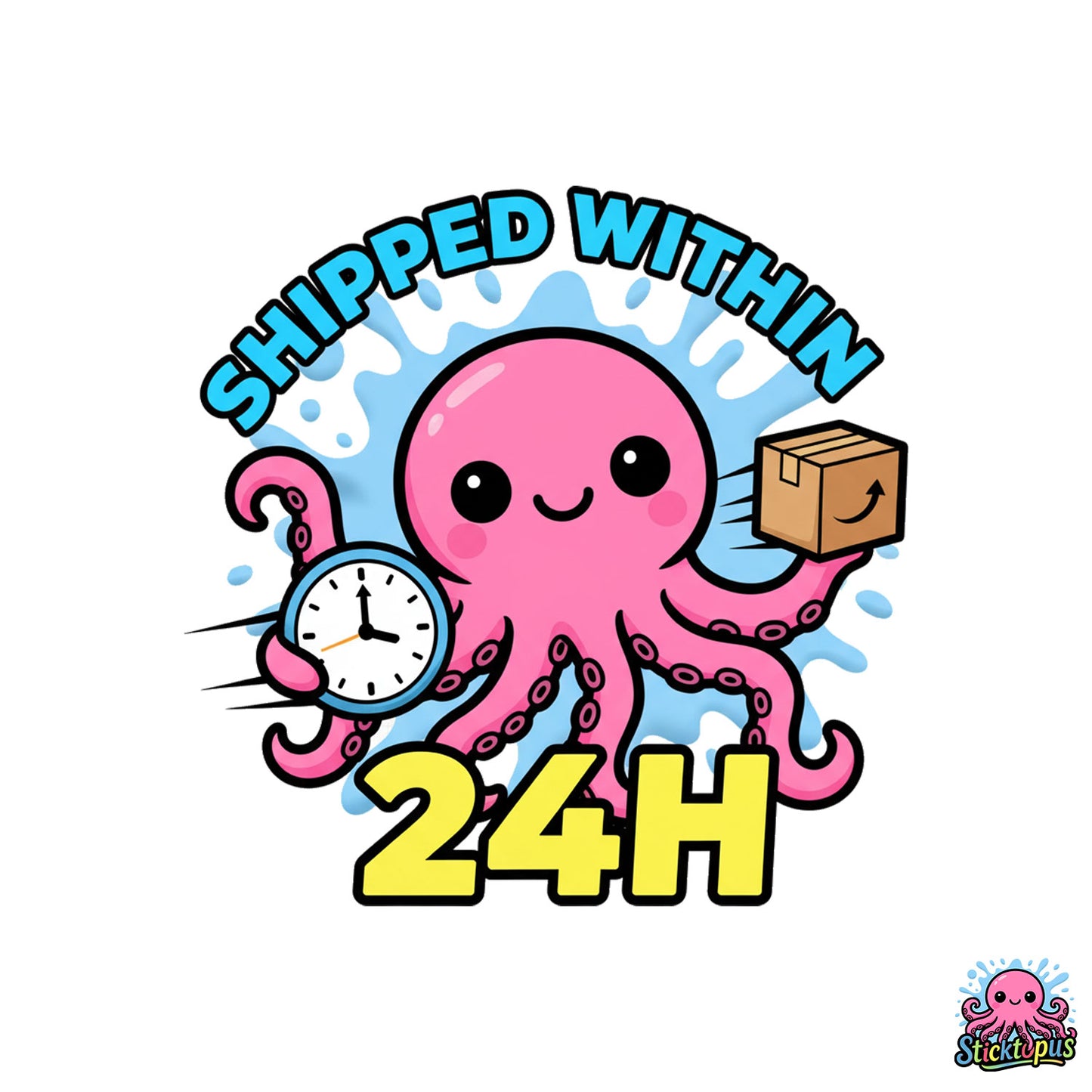Cartoon octopus holding a clock and a box with 'Shipped Within 24H' text on a white background.