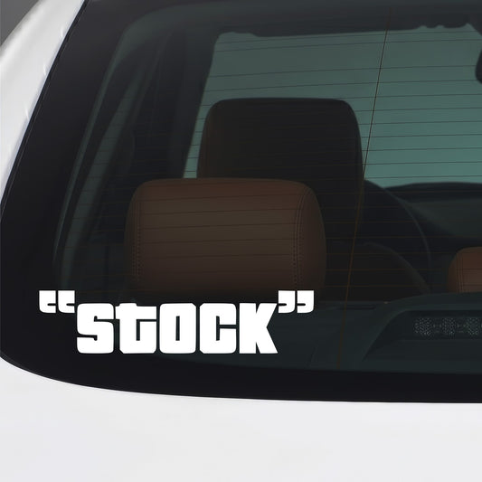 White Stock vinyl sticker applied to a car window.