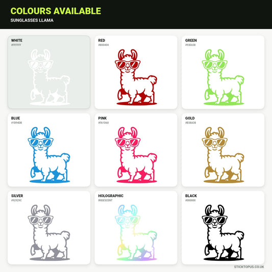 Vinyl colour options for a llama wearing oversized sunglasses vinyl sticker