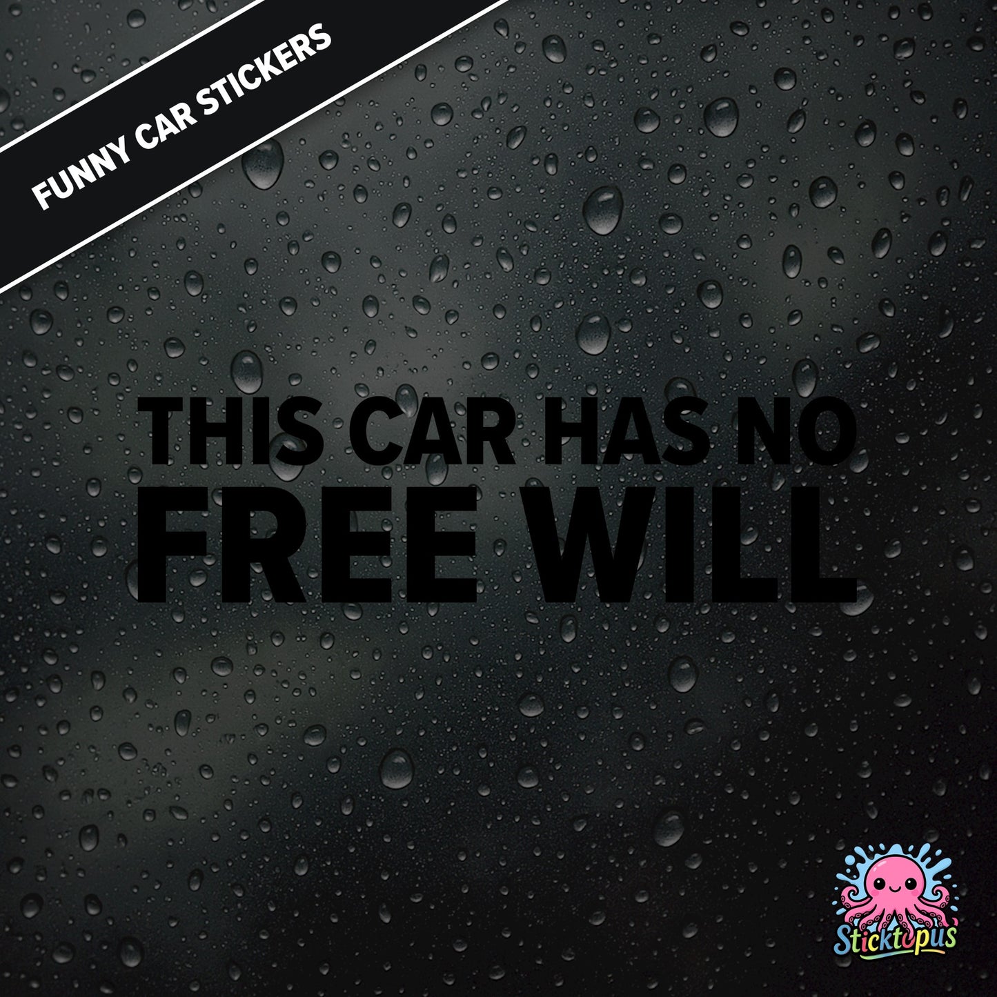 This Car Has No Free Will — surreal free-will sticker in black text, philosophical nonsense.
