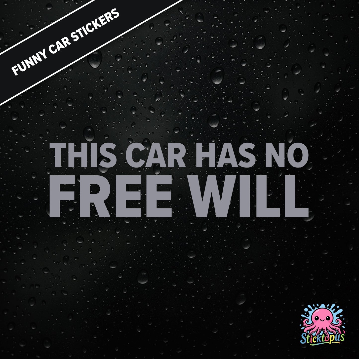 This Car Has No Free Will — surreal free-will sticker in silver text, philosophical nonsense.