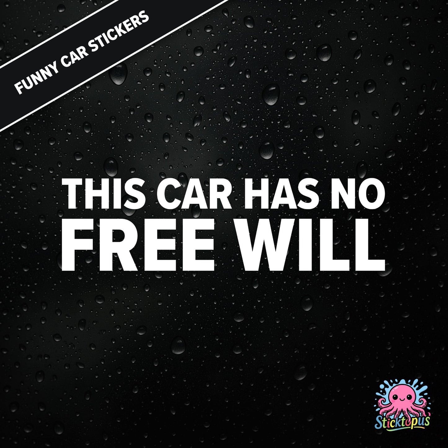 This Car Has No Free Will — surreal free-will sticker in white text, philosophical nonsense.