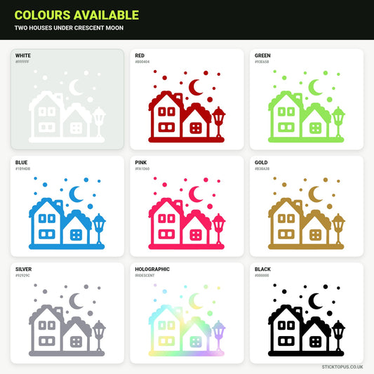 Vinyl colour options for two houses under a crescent moon vinyl sticker