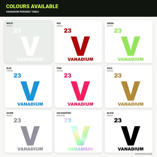 Vinyl colour options for Vanadium periodic-table entry vinyl sticker